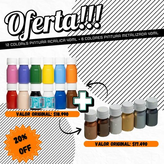 Pack 12 acrílicos 40ml y 6 metalizados 40ml