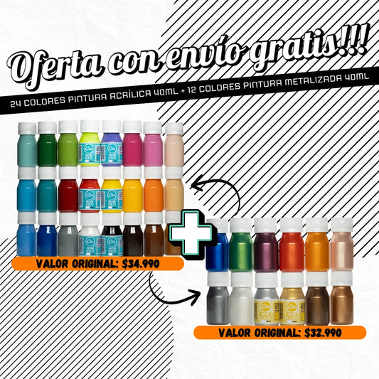 Pack 24 Acrílicos 40ml y 12 Metalizados 40ml (ENVÍO GRATIS)