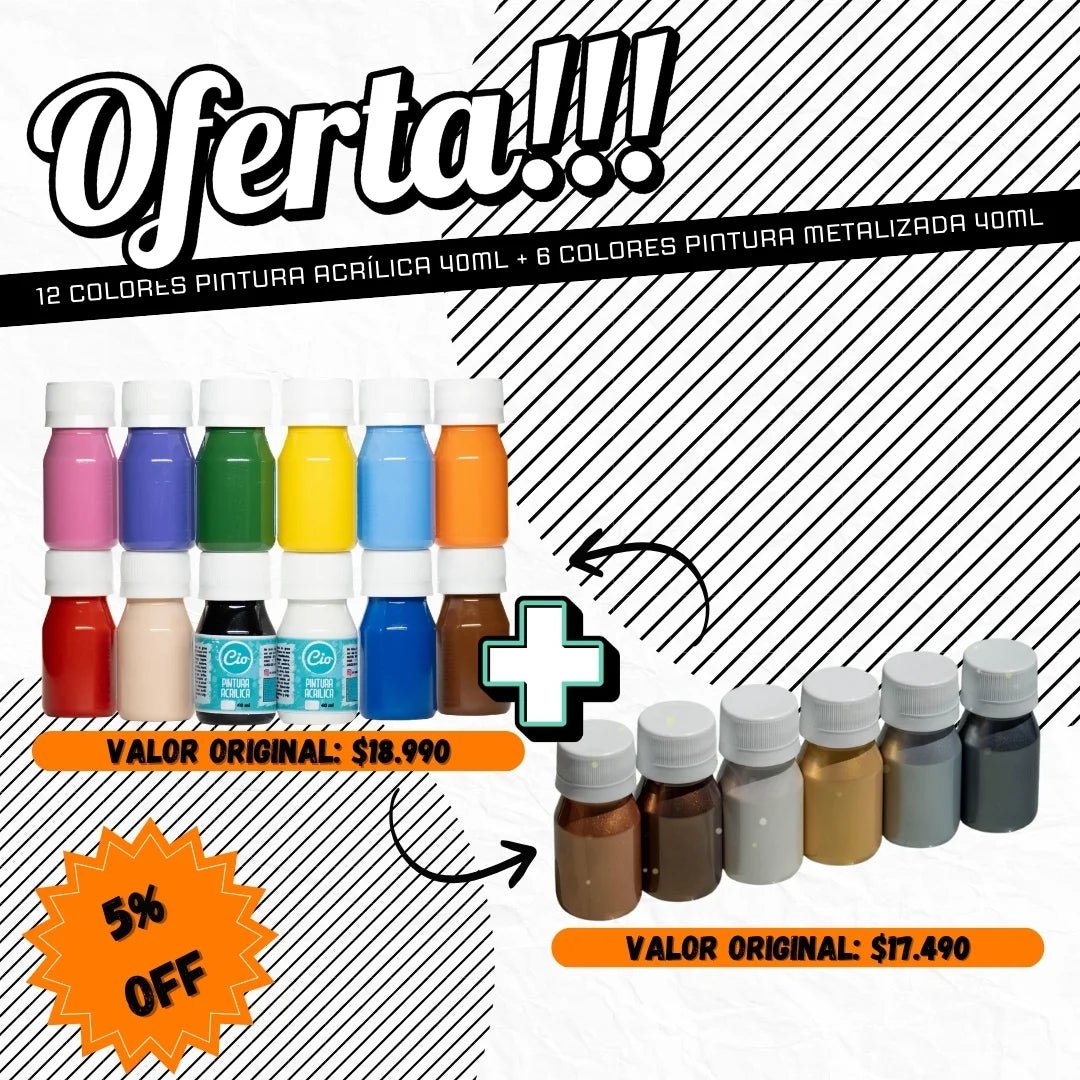Pack 12 acrílicos 40ml y 6 metalizados 40ml - Cio Manualidades