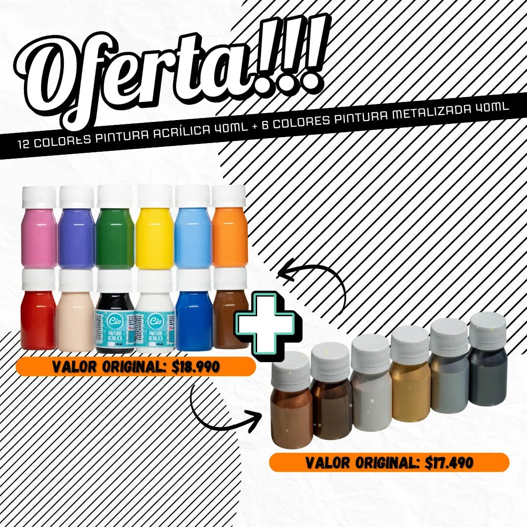 Pack 12 acrílicos 40ml y 6 metalizados 40ml - Cio Manualidades