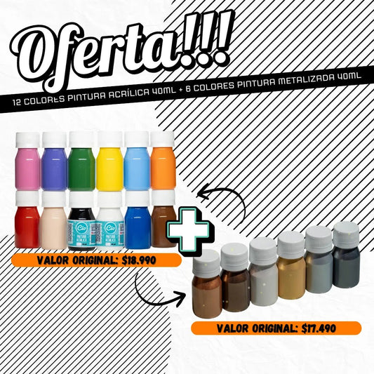 Pack 12 acrílicos 40ml y 6 metalizados 40ml - Cio Manualidades