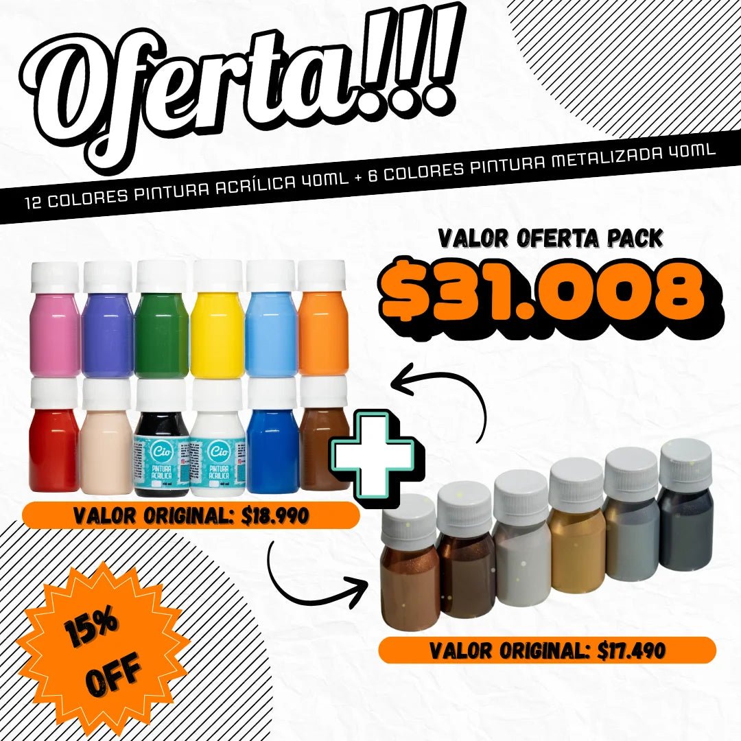 Pack 12 acrílicos 40ml y 6 metalizados 40ml - Cio Manualidades