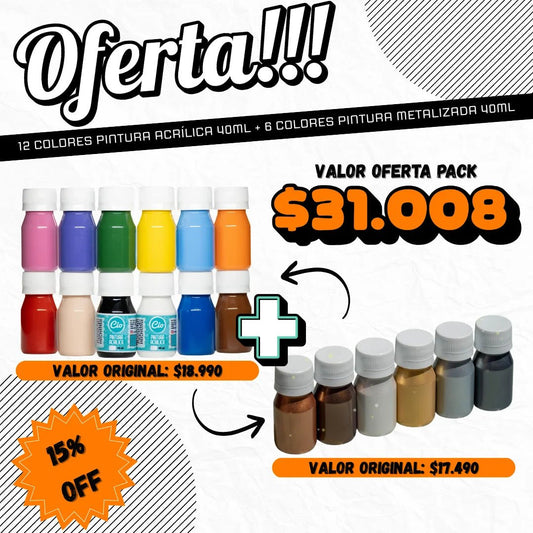 Pack 12 acrílicos 40ml y 6 metalizados 40ml - Cio Manualidades
